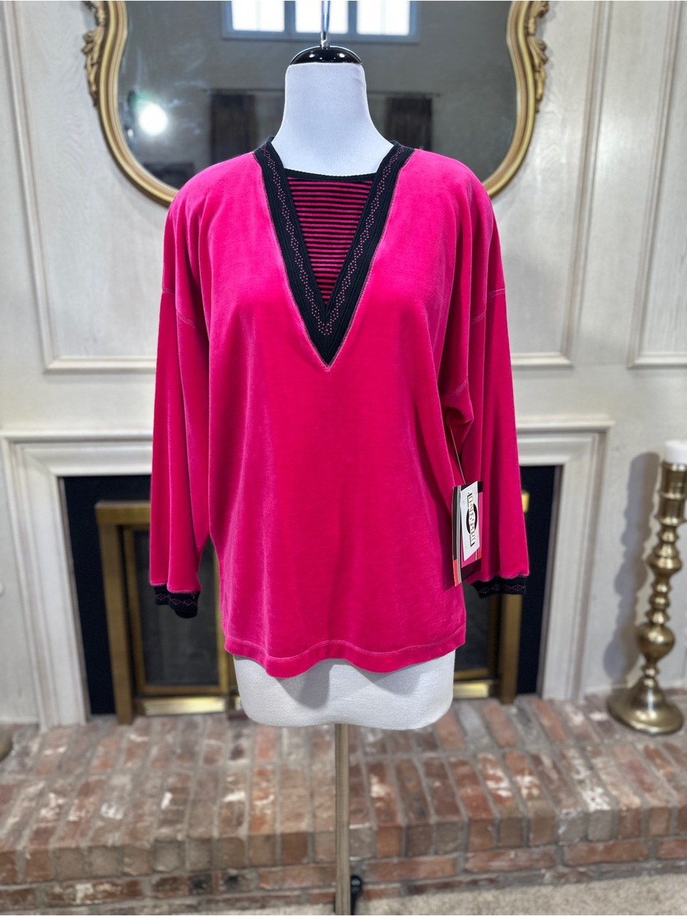 Vintage Size M Chaus Sport Top Fuschia Velour 80s Colorblock Retro